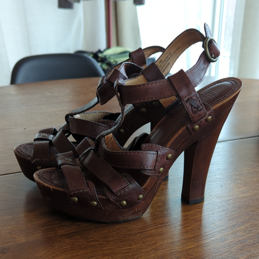 Frye Brown Leather High Heel Sandals